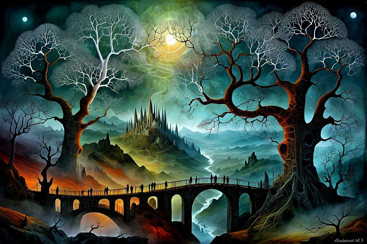 Surreal Landscape with Gnarled Trees and Castle Structure