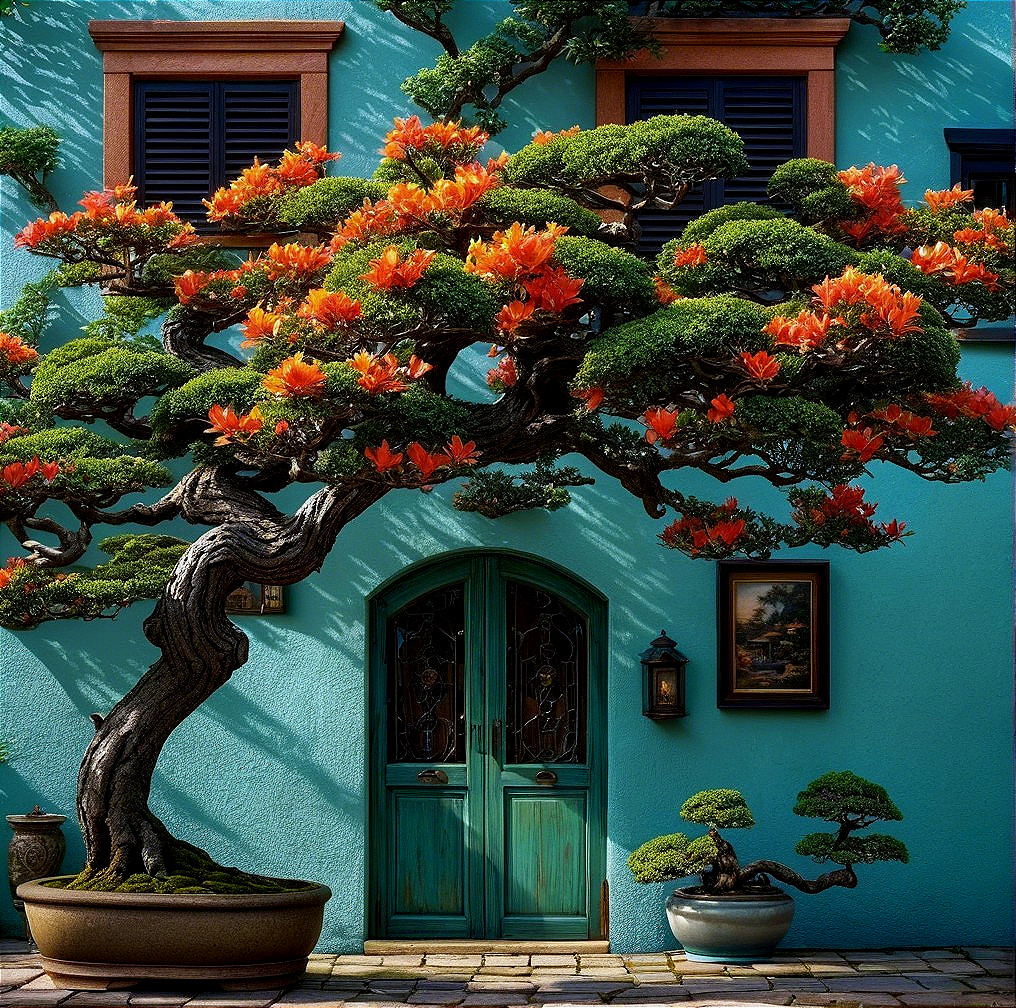 Vibrant Bonsai Tree with Orange Flowers and Green Door