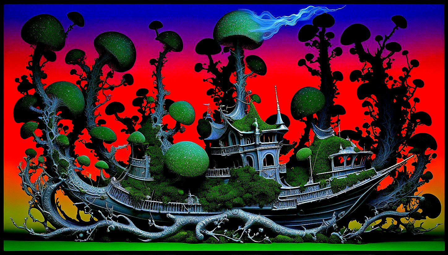 Surreal Landscape with Floating Ship and Luminous Sky