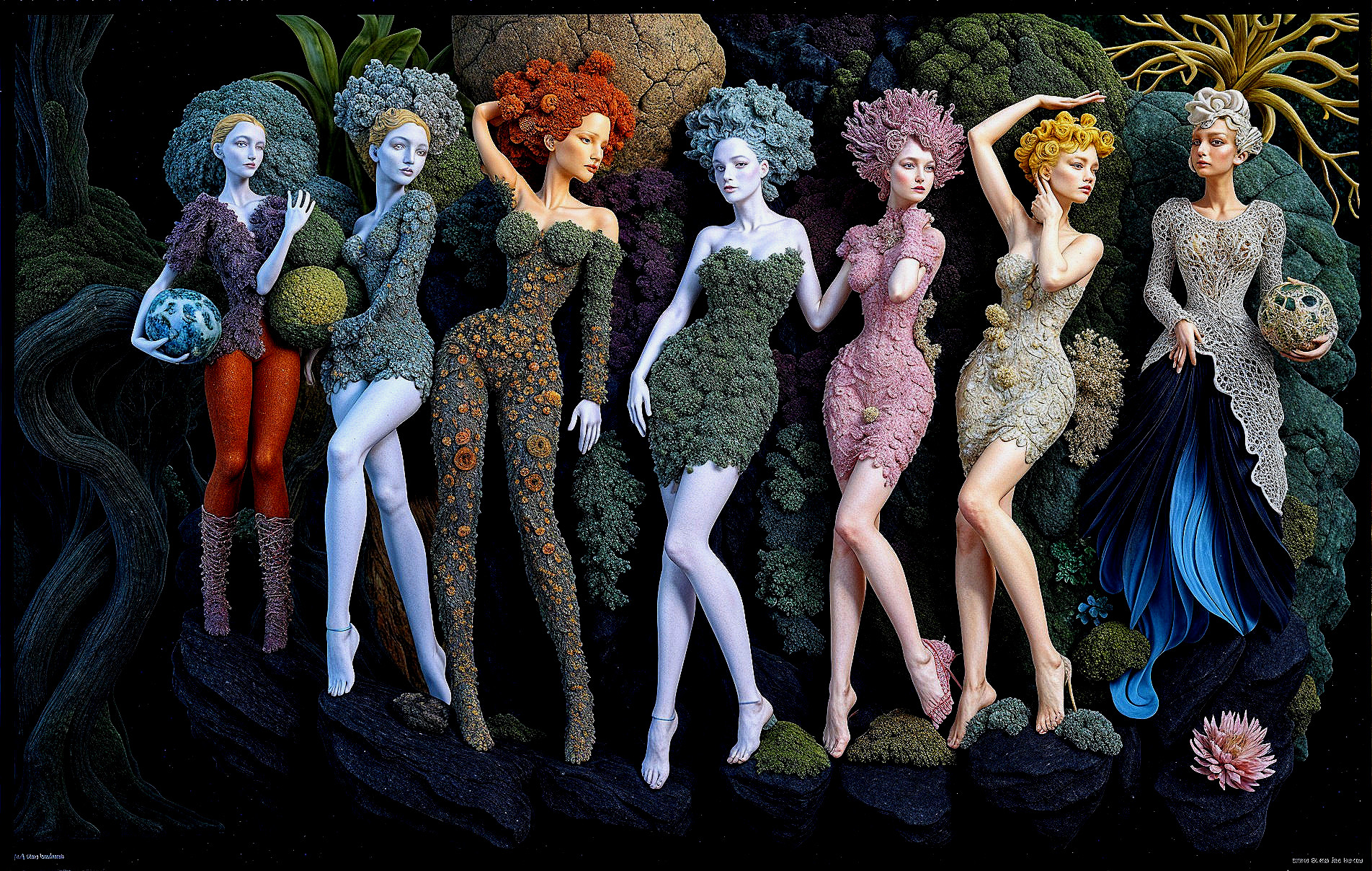 Seven Artistic Figures Representing Nature's Elements