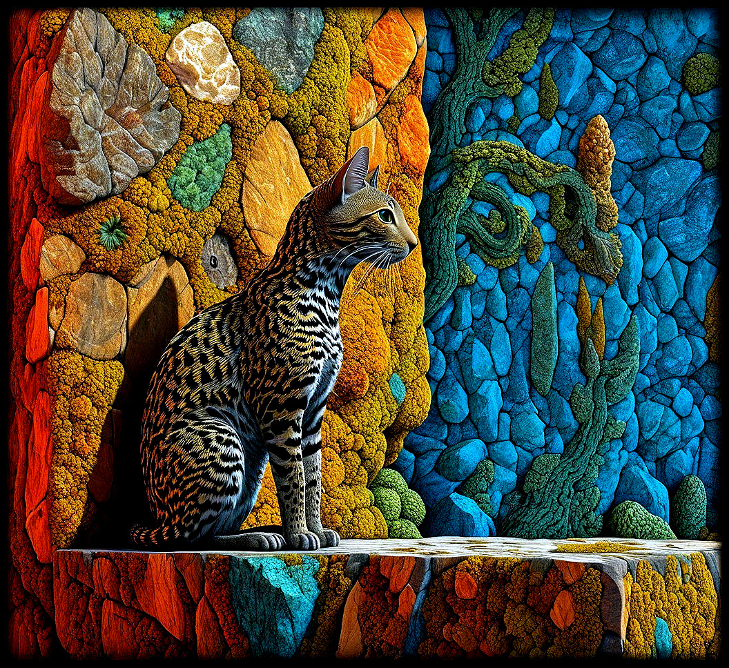 Leopard-like Cat on a Ledge in Contrasting Landscape