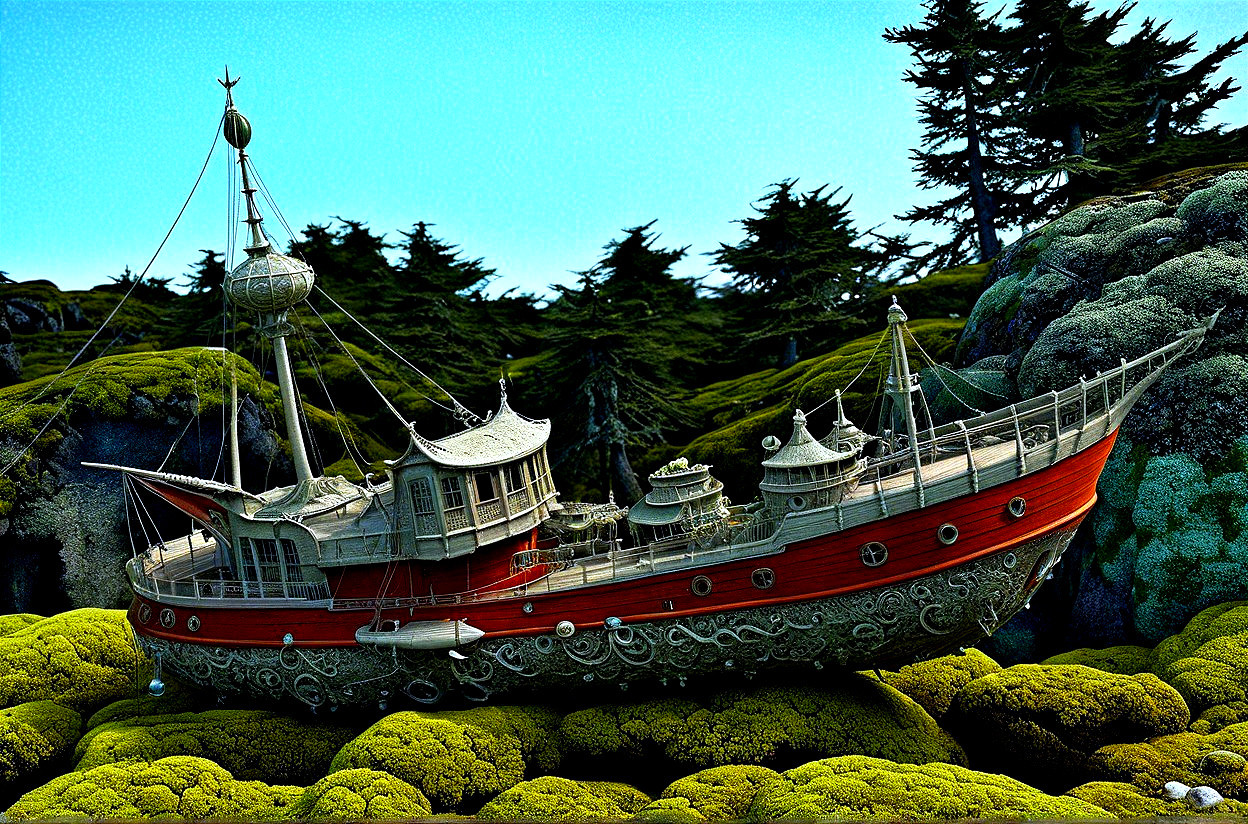 Fantastical Ship on Moss-Covered Landscape with Masts