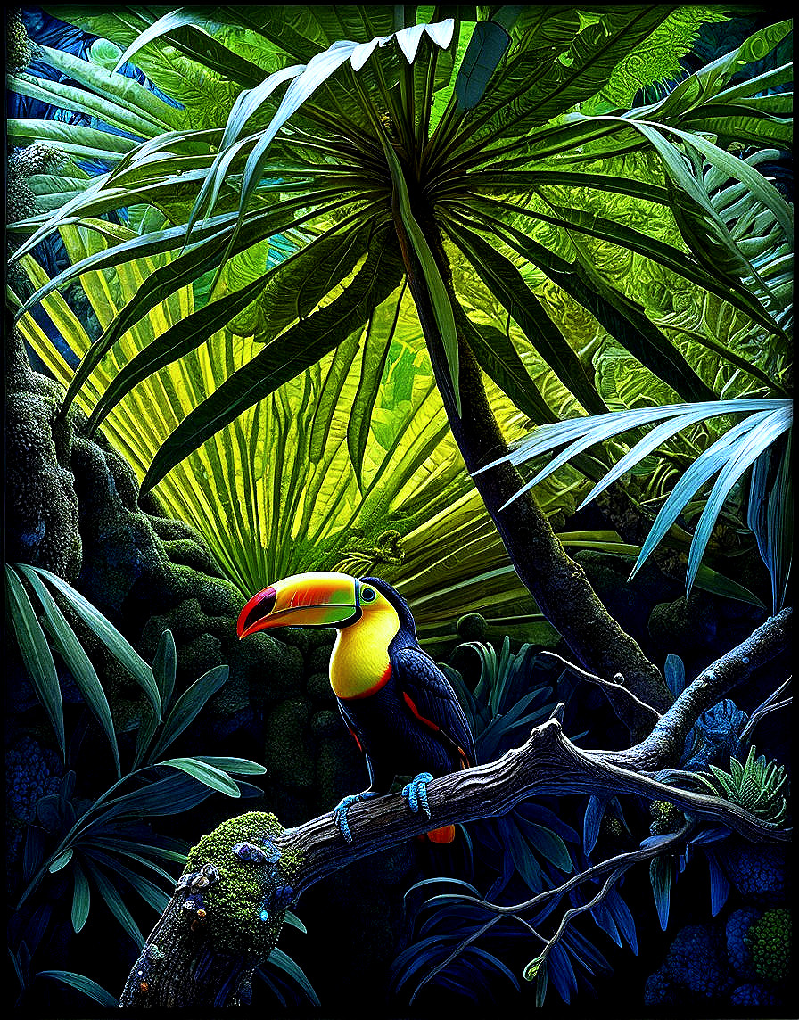 Tropical Scene with Toucan and Lush Greenery