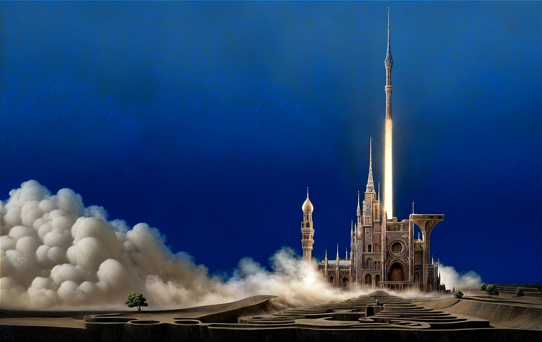 Majestic castle with spire and intricate architecture