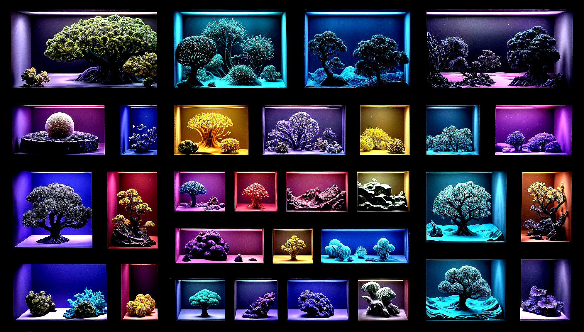 Intricate Coral and Tree Sculptures in Illuminated Boxes