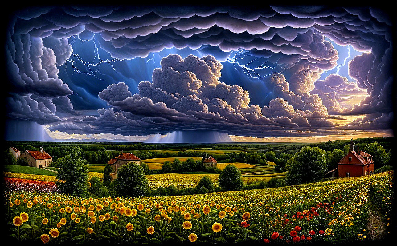 Dramatic Landscape of Sunflowers and Stormy Sky