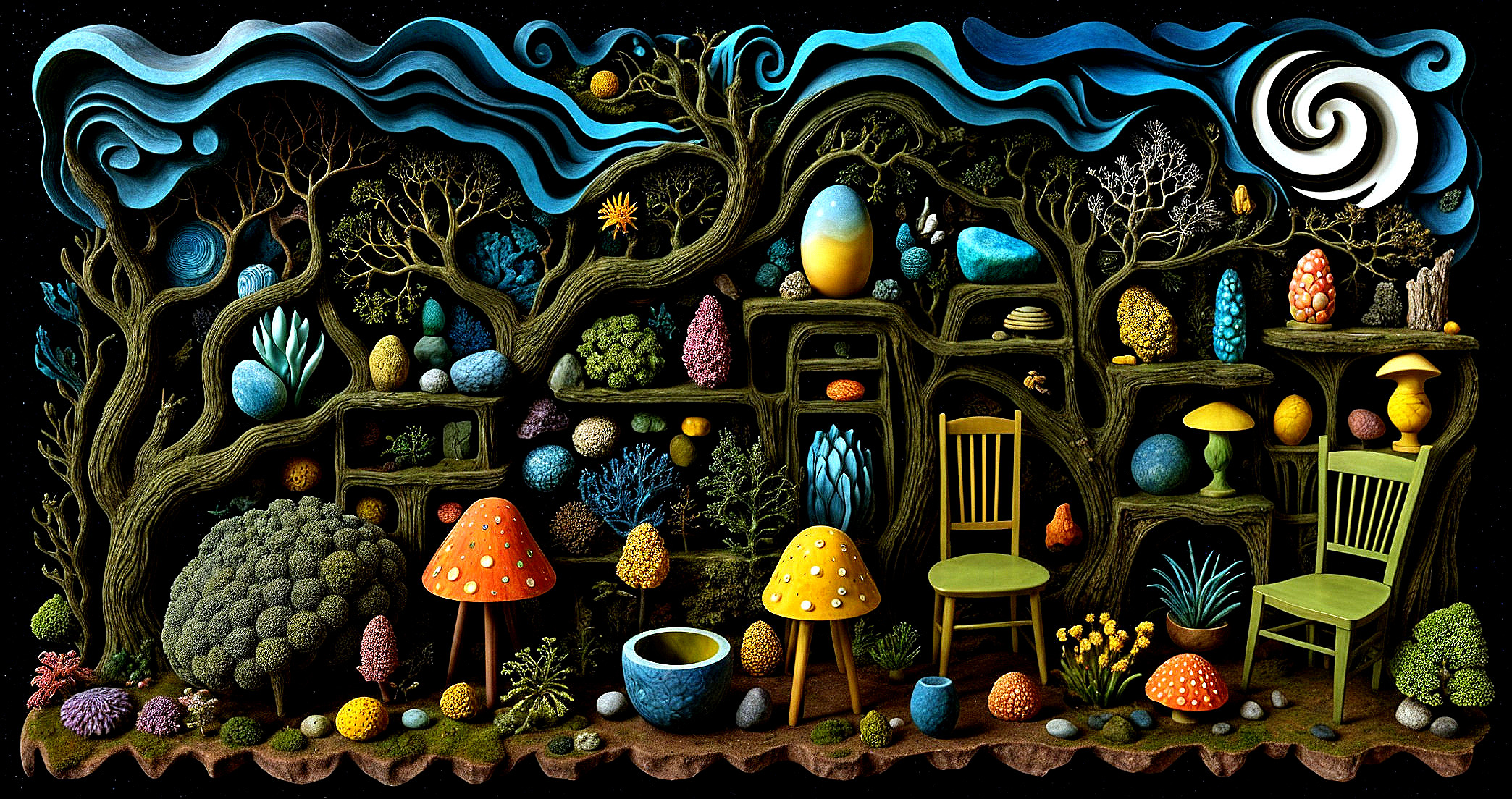 Surreal landscape with colorful foliage and structures