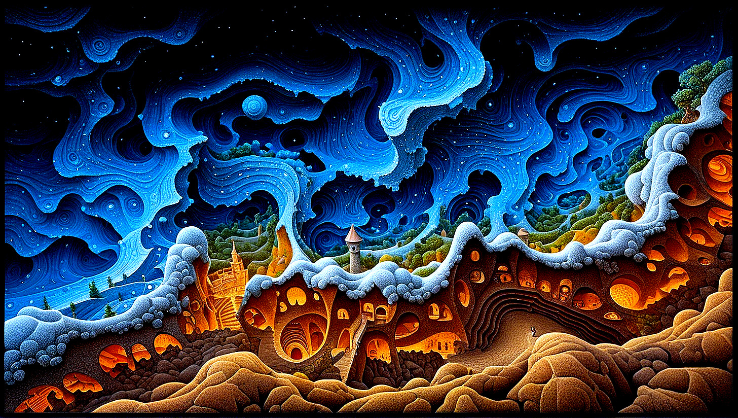 Surreal Landscape with Whimsical Structures and Sky