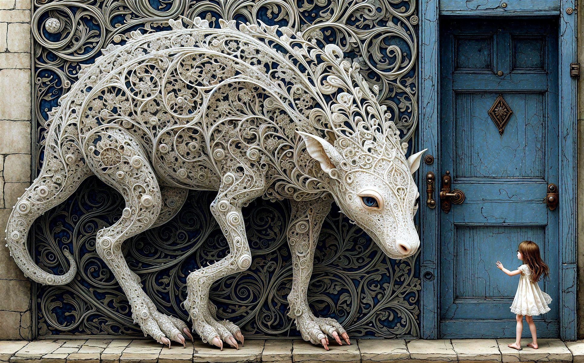 Whimsical Scene of a Girl and a Giant Creature