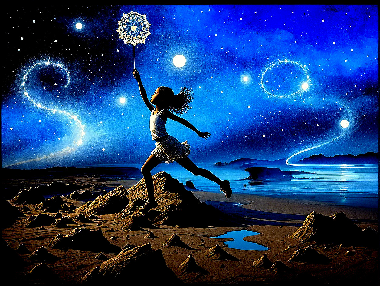 Young girl leaping in a surreal starry landscape