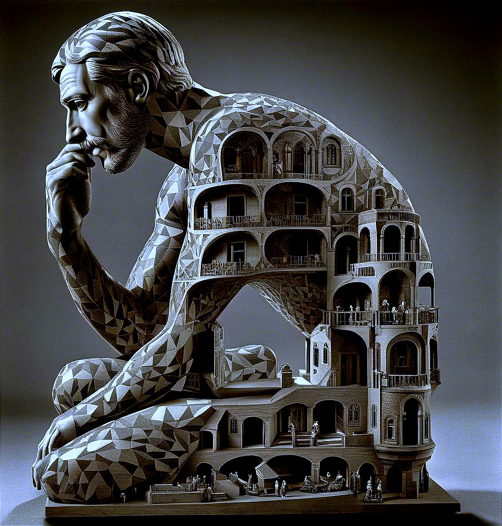 Sculpture of a contemplative male figure with geometry