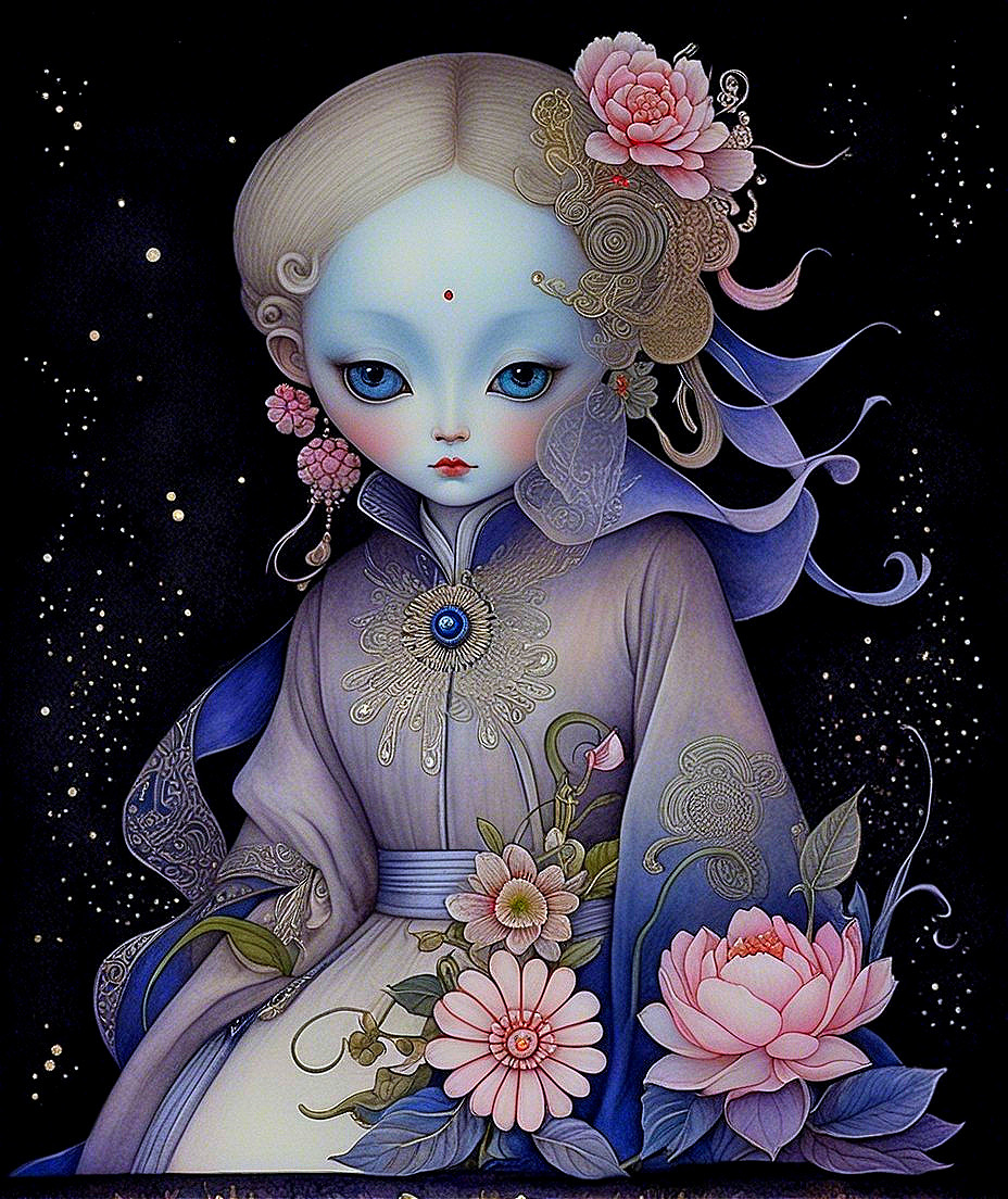 Ethereal figure in lavender gown surrounded by blossoms
