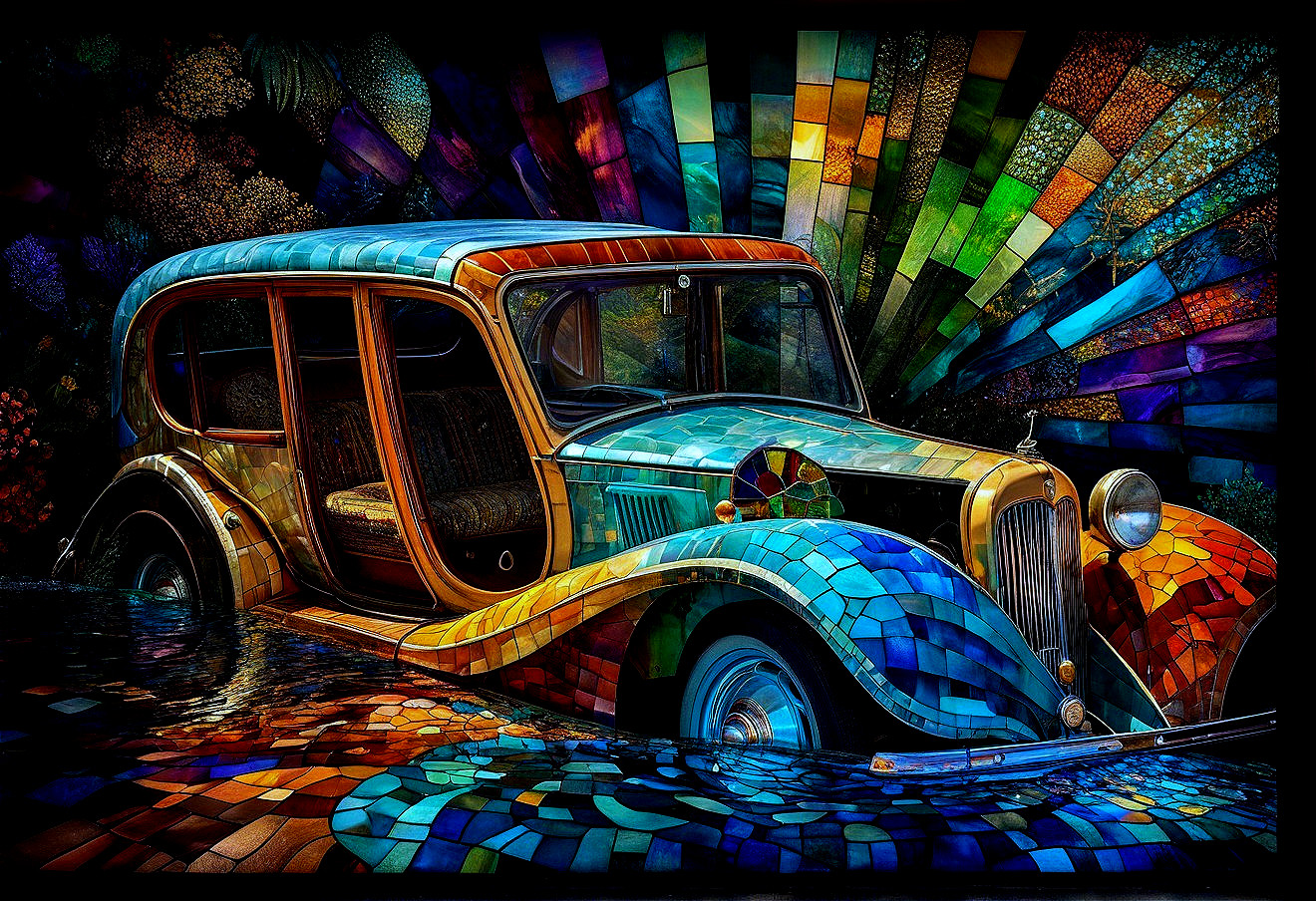 Vintage Car Partially Submerged in Colorful Water