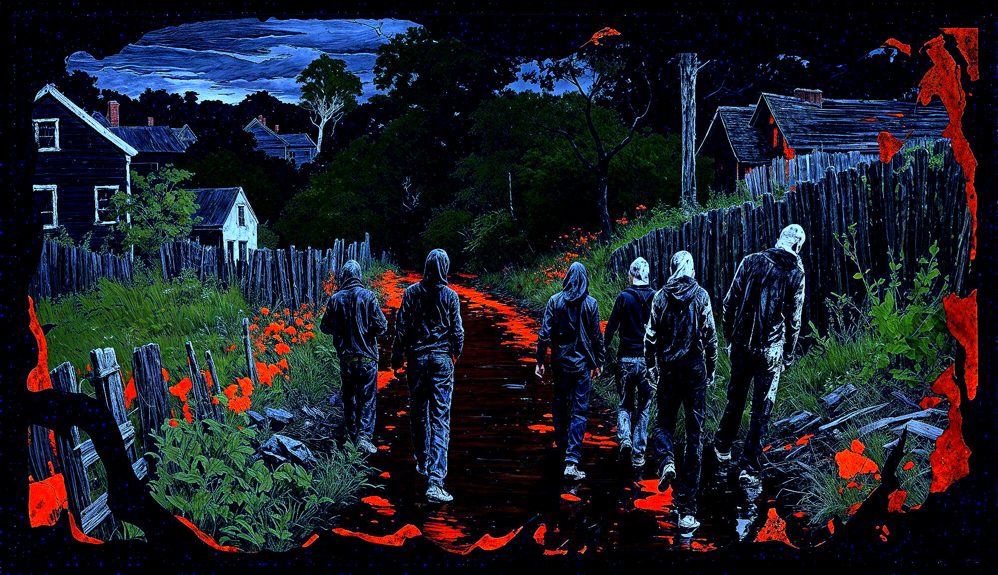 Hooded Figures in a Dark, Eerie Landscape at Night