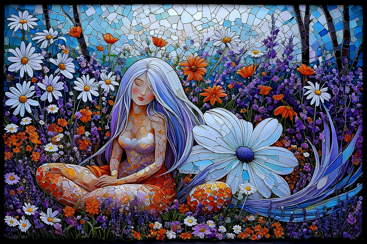Vibrant Stained-Glass Artwork of a Serene Figure