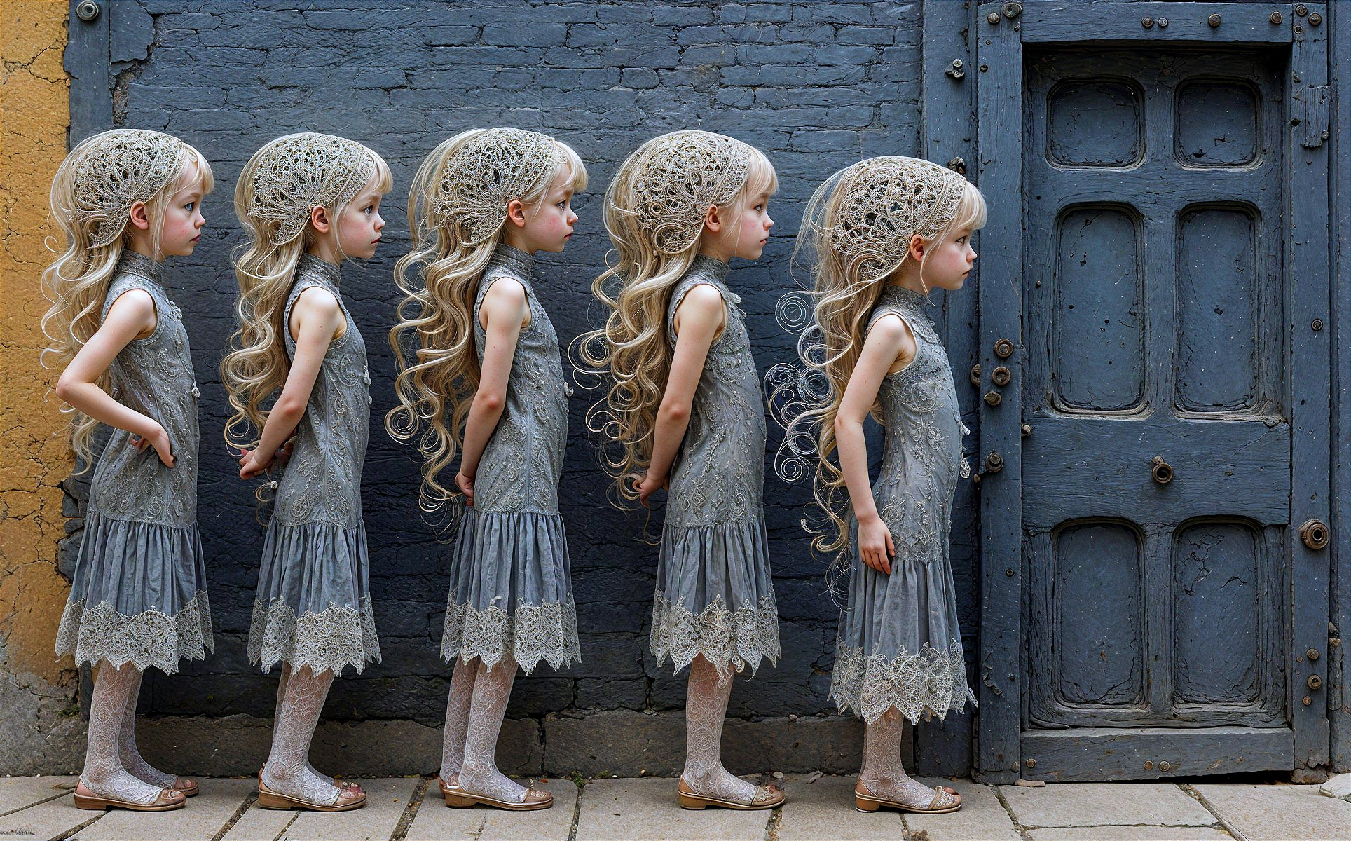 Five Identical Girls in Elegant Gray Dresses Against Wall