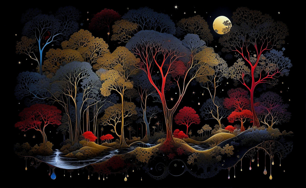 Mystical Night Forest with Colorful Foliage and River