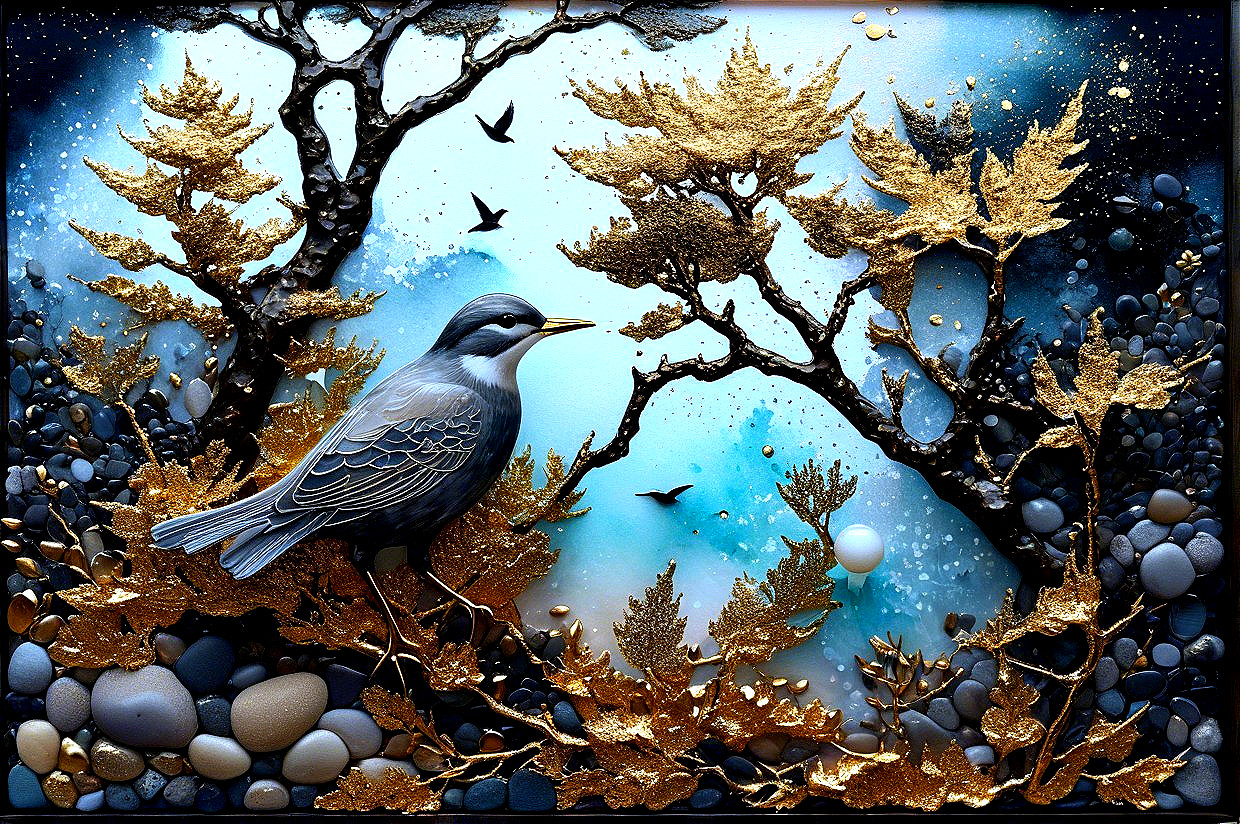 Artistic depiction of a bird in a serene landscape