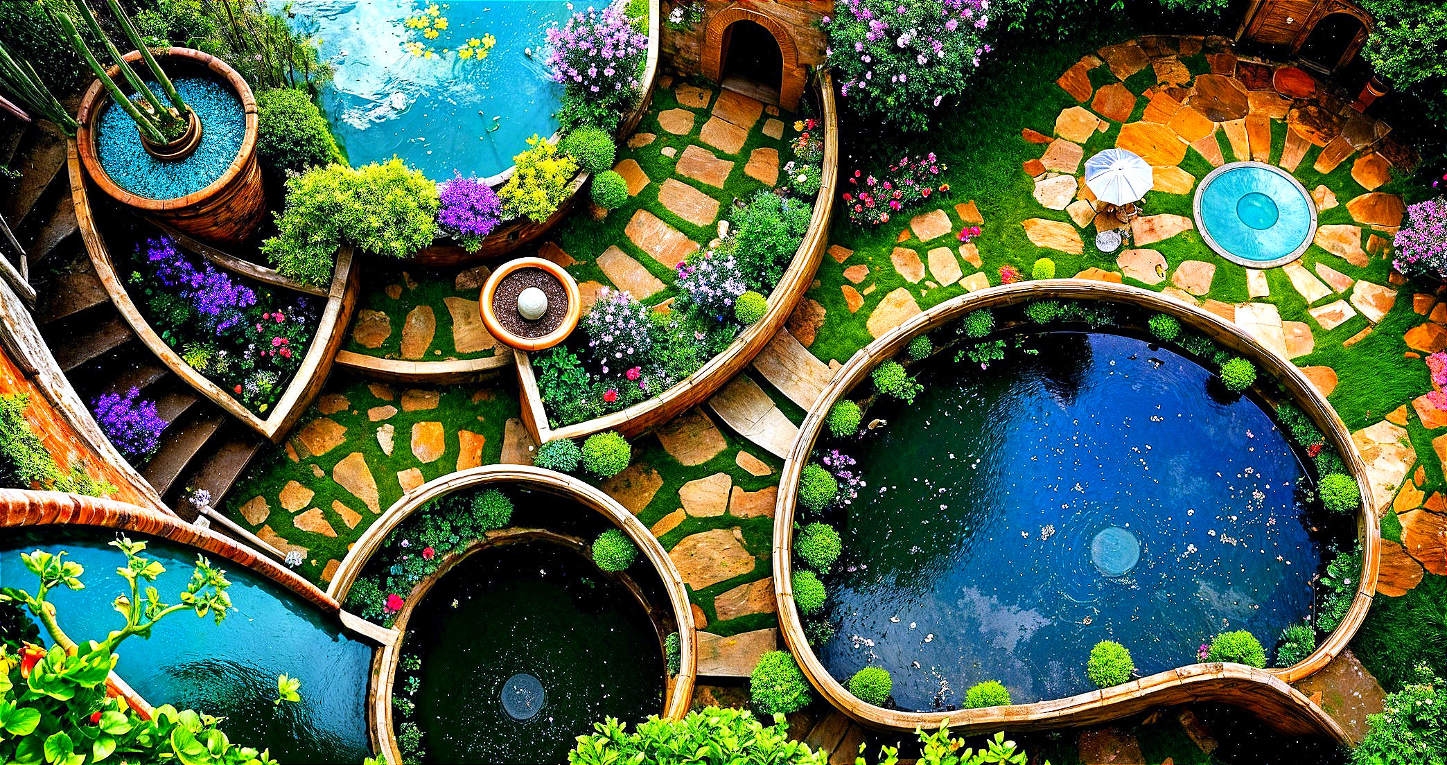 Aerial View of a Landscaped Garden with Ponds
