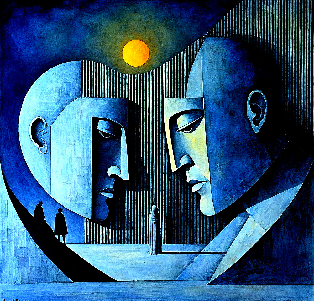 Stylized Heads in Blue and Gray with Yellow Sun