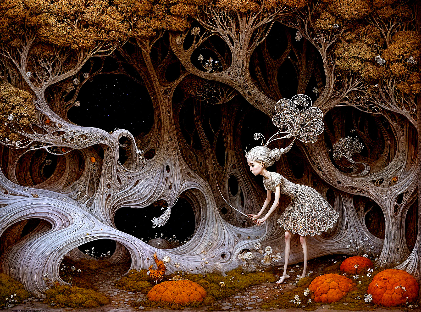 Whimsical Forest with Butterfly-Winged Girl and Creatures