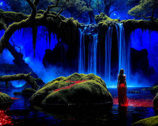 Mystical Landscape with Waterfall and Ethereal Light