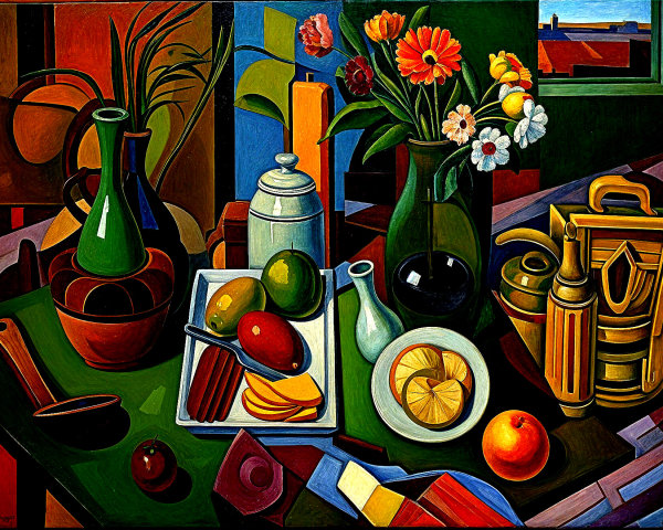 Vibrant Still Life with Colorful Fruits and Flowers