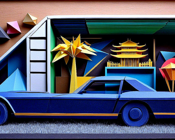 Three-Dimensional Paper Art of a Stylized Car