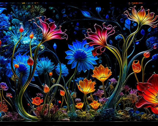 Surreal Garden with Colorful Glowing Flowers