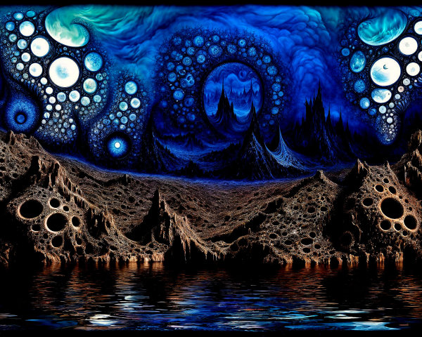 Surreal Landscape with Jagged Mountains and Cosmic Sky