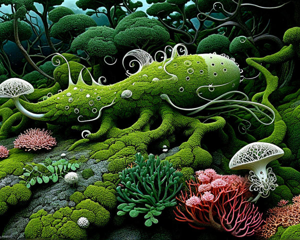 Surreal Undersea Landscape with Vibrant Flora and Fauna