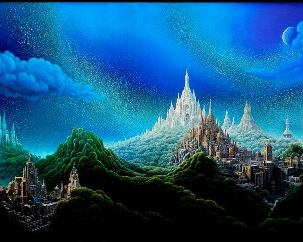 Fantastical Landscape with Mountains and Distant Planet