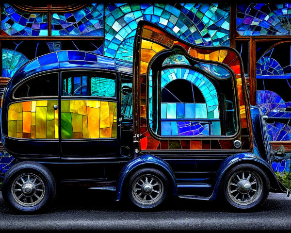 Whimsical Vehicle with Colorful Stained Glass Design