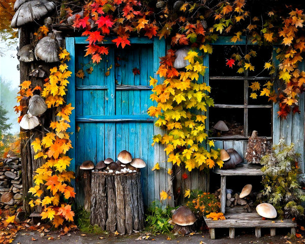 Rustic cabin surrounded by vibrant autumn foliage