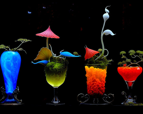 Intricately Designed Glass Vases with Colorful Arrangements
