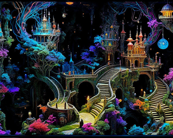 Vibrant Fantasy Landscape with Castles and Glowing Flora