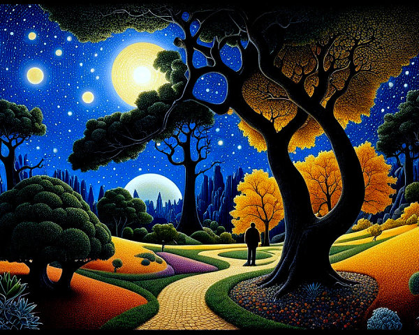 Surreal Dusk Landscape with Multiple Moons and Trees