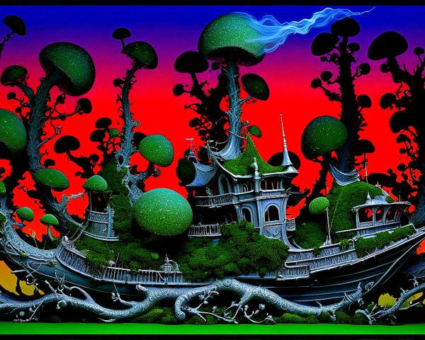 Surreal Landscape with Floating Ship and Luminous Sky