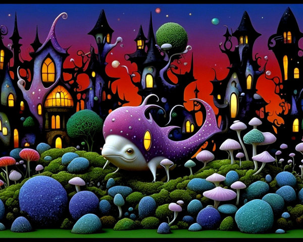 Surreal Landscape with Purple Whale and Colorful Terrain