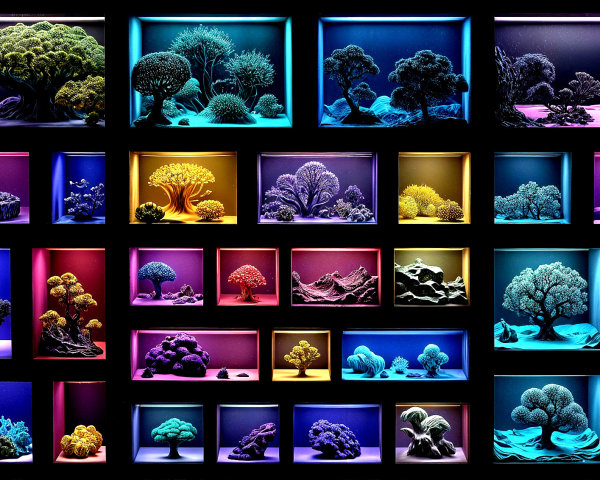 Intricate Coral and Tree Sculptures in Illuminated Boxes