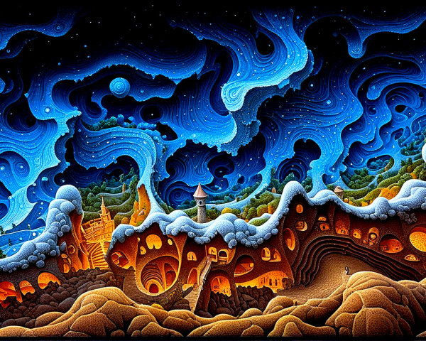 Surreal Landscape with Whimsical Structures and Sky