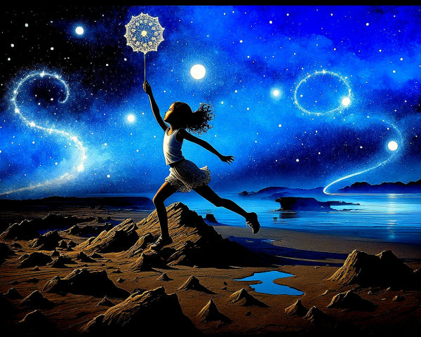 Young girl leaping in a surreal starry landscape