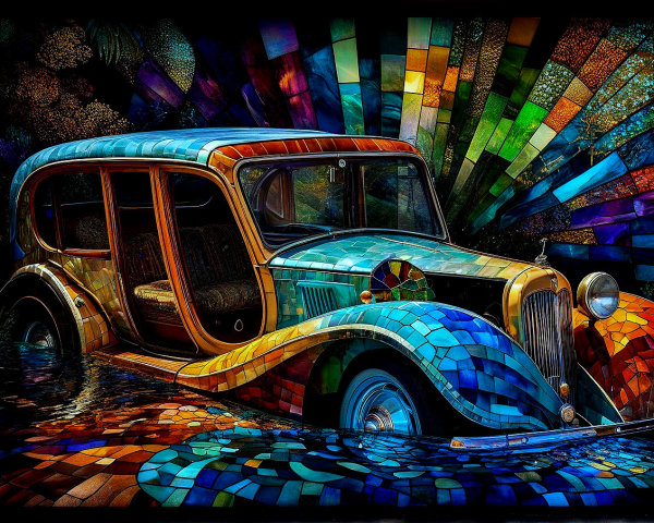Vintage Car Partially Submerged in Colorful Water