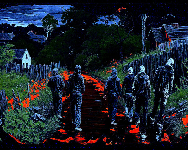 Hooded Figures in a Dark, Eerie Landscape at Night