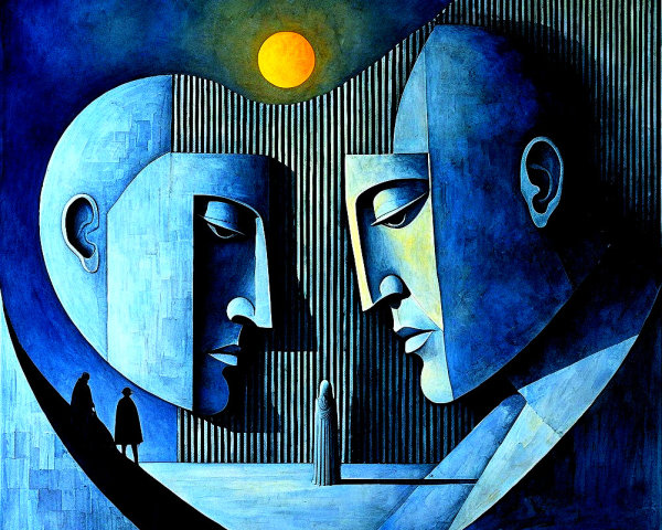 Stylized Heads in Blue and Gray with Yellow Sun