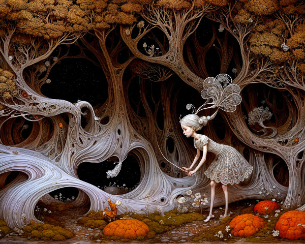 Whimsical Forest with Butterfly-Winged Girl and Creatures