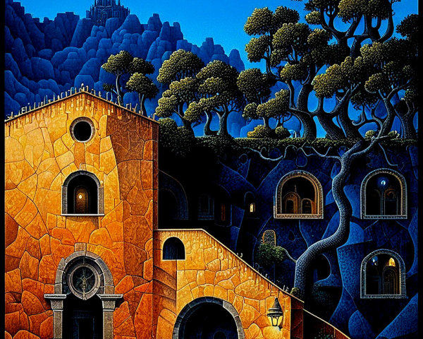 Vibrant landscape with whimsical building and surreal sky