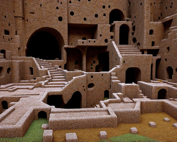 Surreal Cave Structure with Staircases and Archways