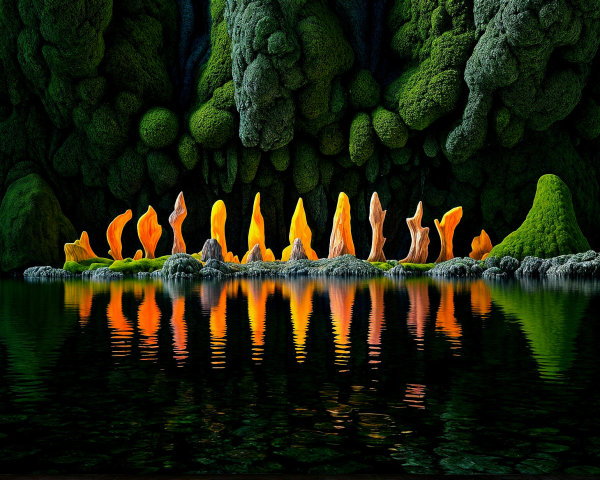 Surreal Landscape with Glowing Orange and Yellow Formations