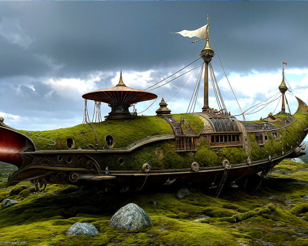 Steampunk Ship in Grassy Landscape Under Dramatic Sky